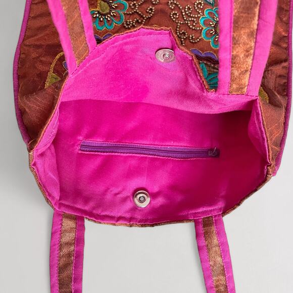 Skull Embroidered Halloween Tote Bag Day Of The Dead Rust Orange Satin Beaded - Picture 7 of 7